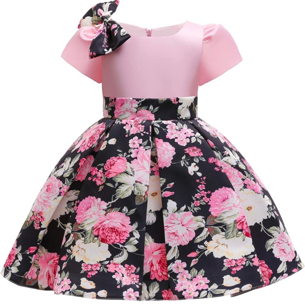 Floral design pink and black ,size 130 ( size 6 ) for girl.
